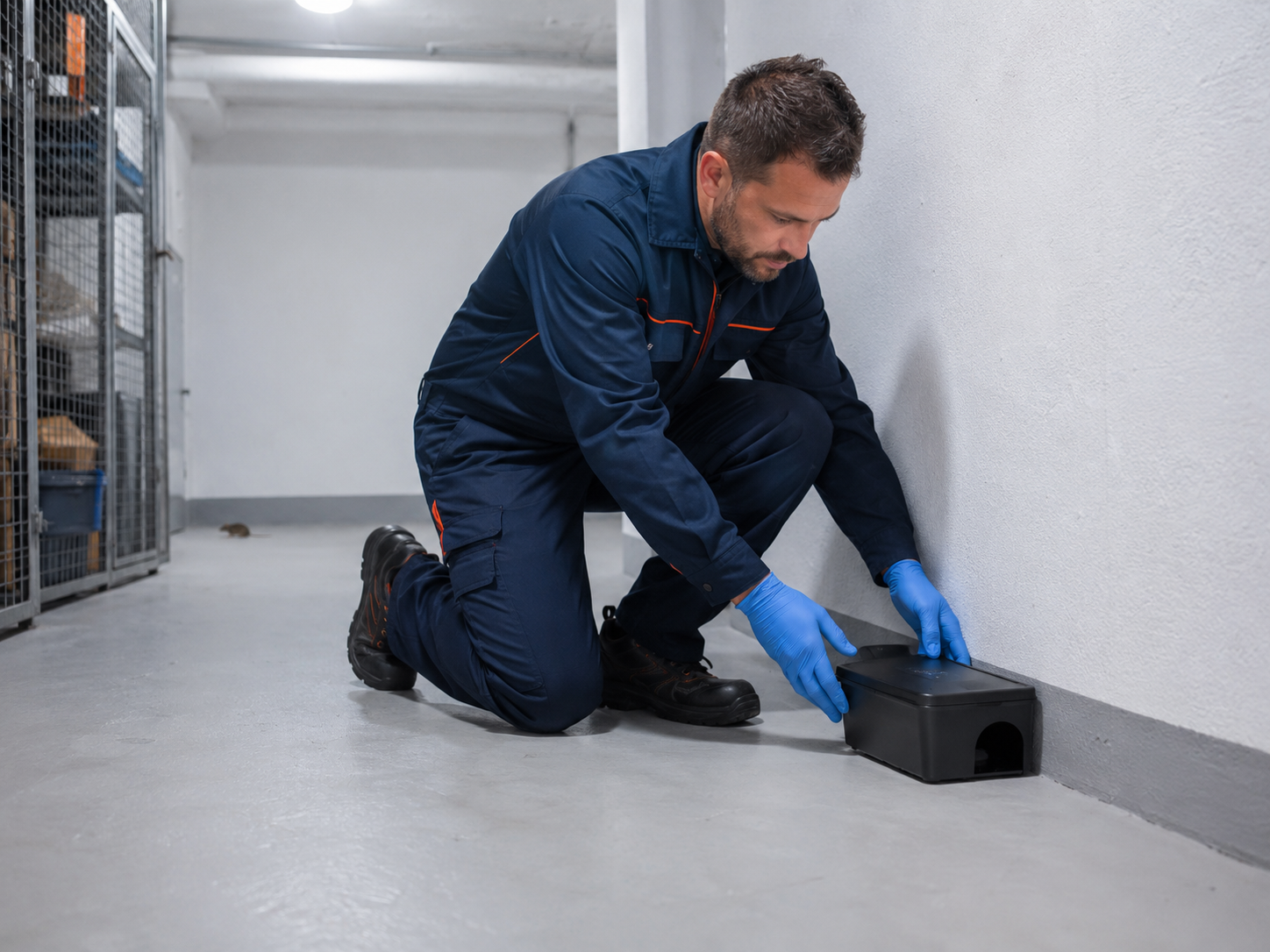 Technicien posant un poste de dératisation sécurisé